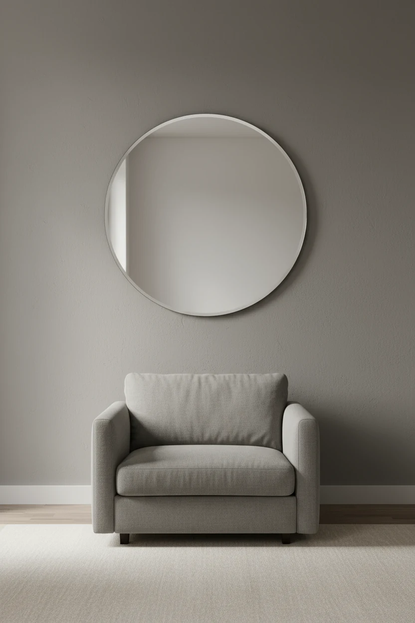 Photorealistic minimal scene, medium straight-on: greige walls and a greige slipper chair beneath a round mirror; diffus