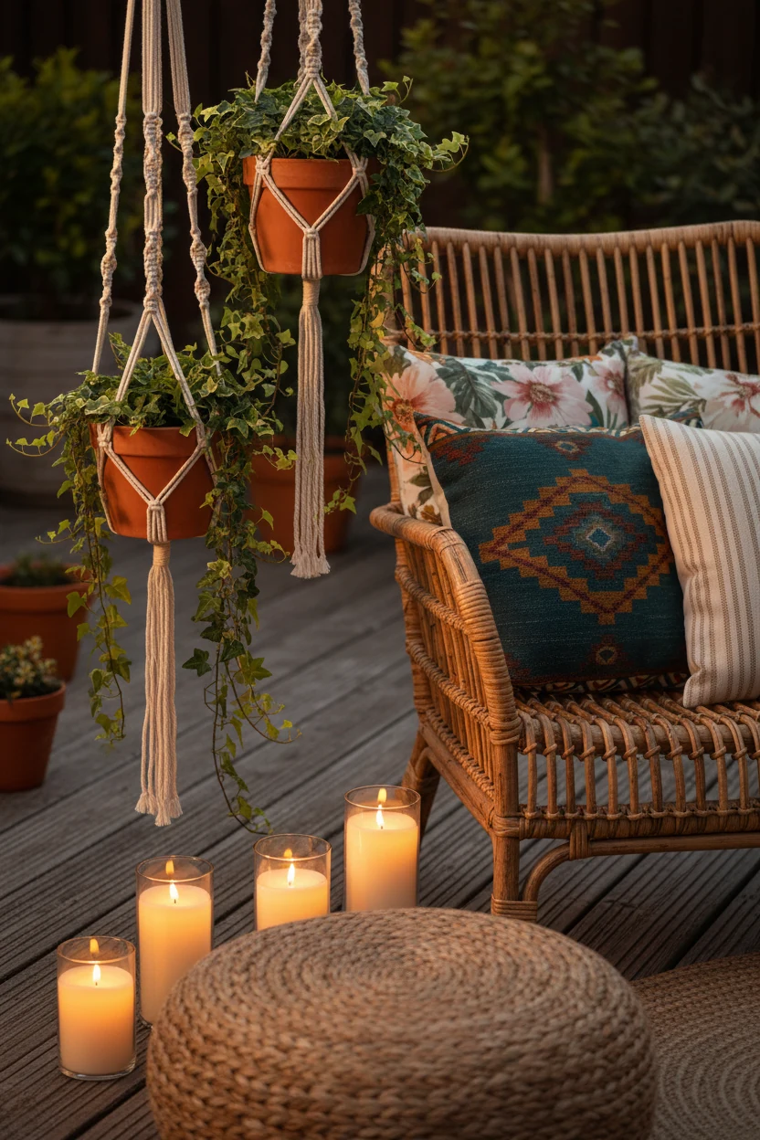 Photorealistic close-up at a slight angle: rattan-look chair texture beside macramé plant hangers, patterned pillows add