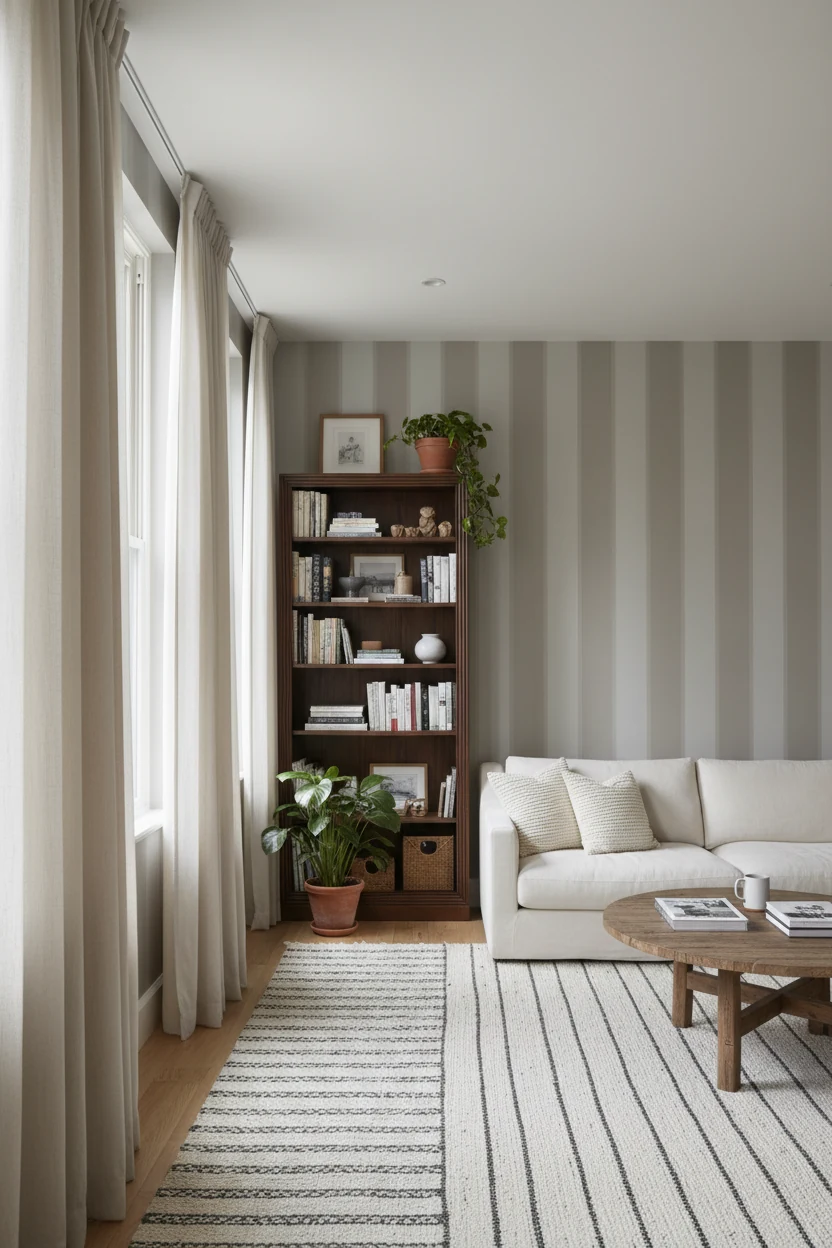 Photorealistic wide corner view of a studio, no people: subtle tone-on-tone vertical stripes (greige on taupe) pushing t