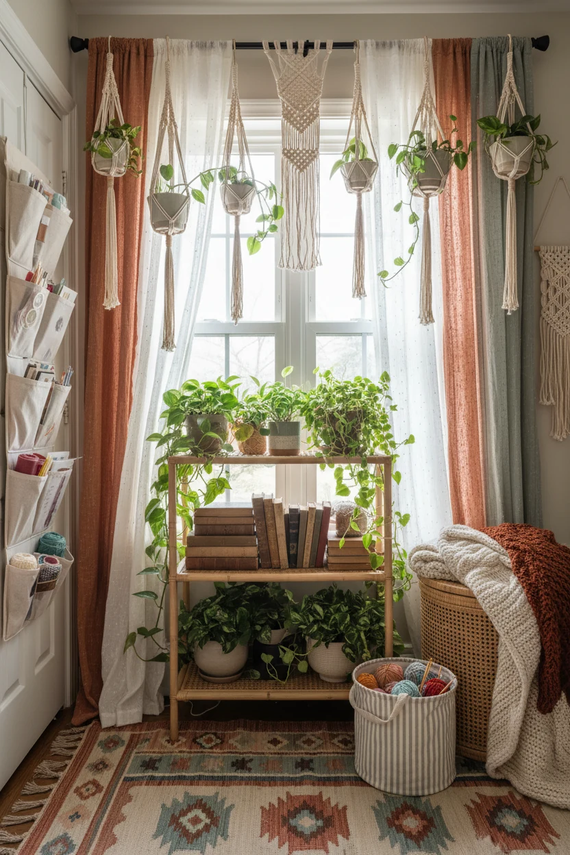 4. Straight-on medium view of a boho window wall in terracotta, sage, and creamy macramé textures; a narrow freestanding