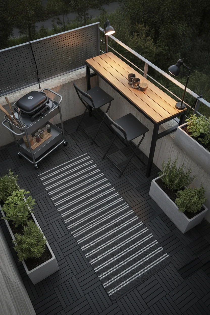 4. Overhead medium shot, photorealistic industrial micro bar & grill: charcoal interlocking rubber tiles with a striped 