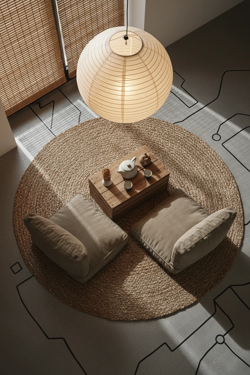 Photorealistic overhead top-down shot of a Japandi calm floor lounge featuring a jute rug, two plush floor cushions in g
