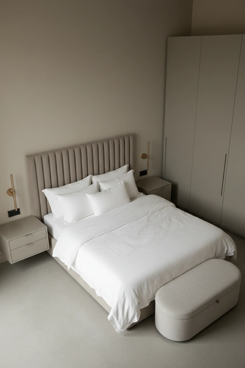 Photorealistic high-angle overhead shot of a greige cloud bedroom: warm greige walls, a taupe fluted headboard with cris