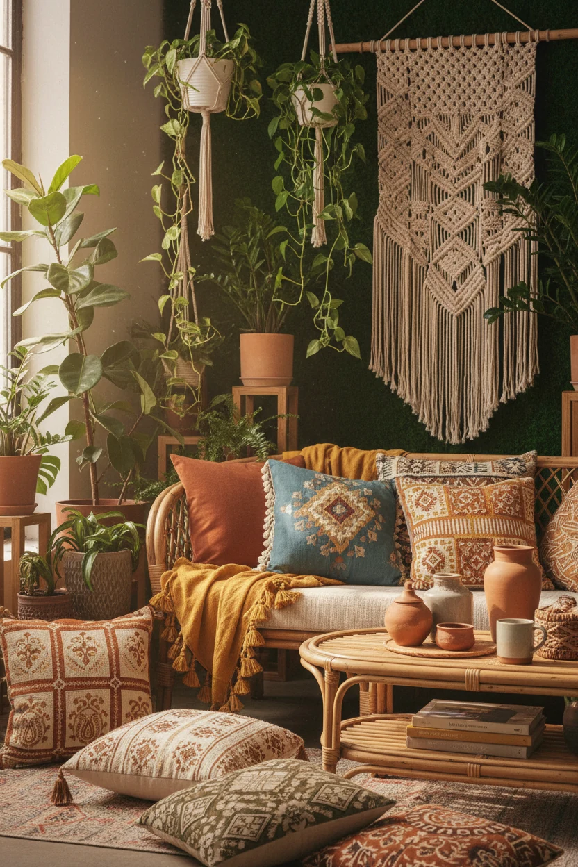 Closeup detail of a bohemian studio centerpiece showing a low rattan loveseat with tasseled throws in terracotta, mustar