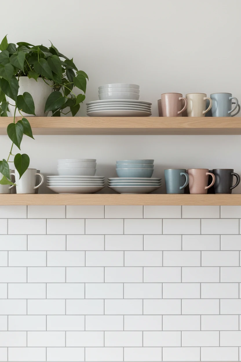 Straight-on view of a Scandinavian minimal kitchen backsplash of peel-and-stick white subway tiles, open wooden shelving