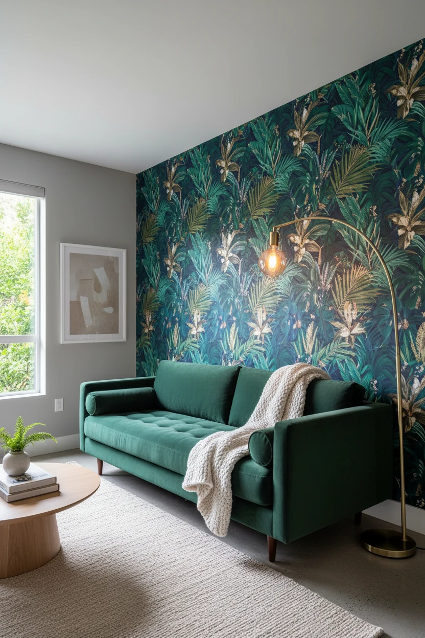 Corner-angled wide shot of a living area showcasing a bold removable wallpaper accent wall in oversized botanical print,