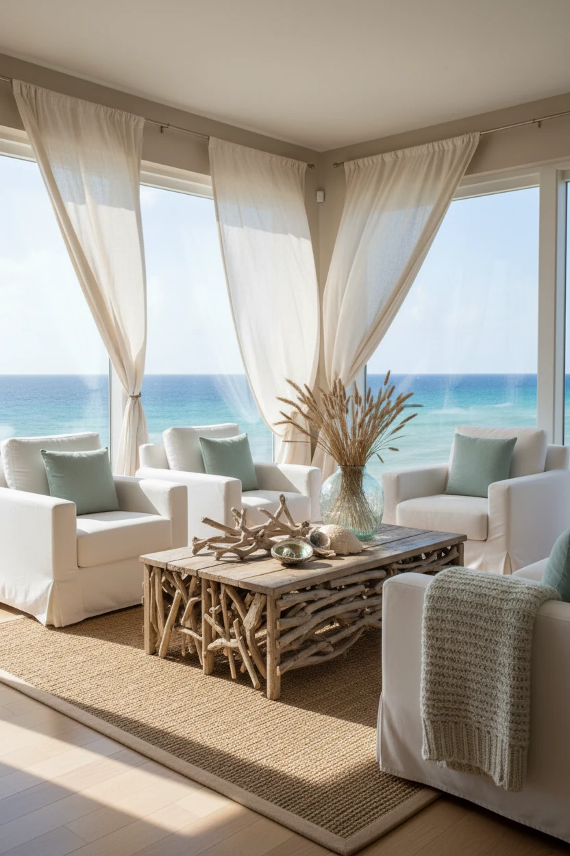 Wide coastal living room view featuring seafoam green accent pillows on white slipcovered chairs, driftwood decor on a r