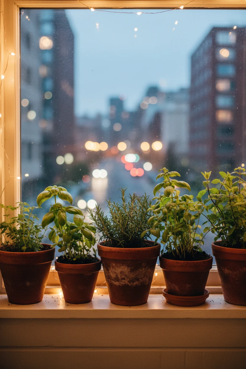 A closeup, straight-on view of a kitchen window sill lined with mismatched terracotta pots filled with fresh green herb 