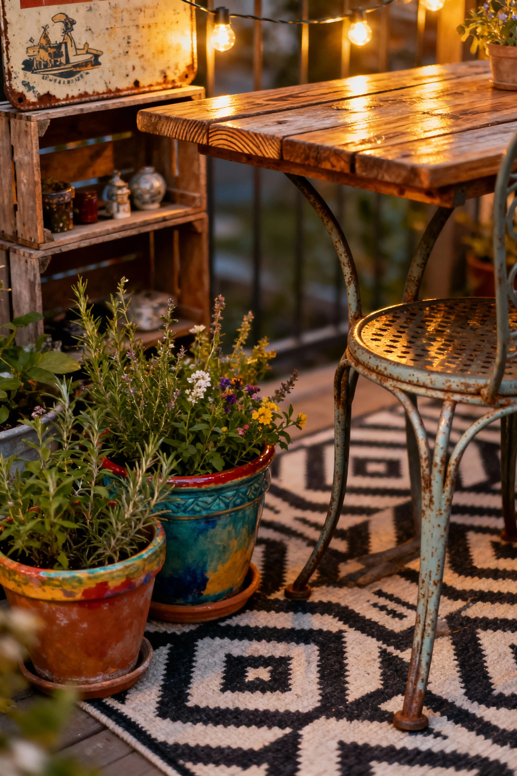 A closeup detail shot of an eclectic vintage patio surface showing mismatched metal bistro chair legs beside a reclaimed