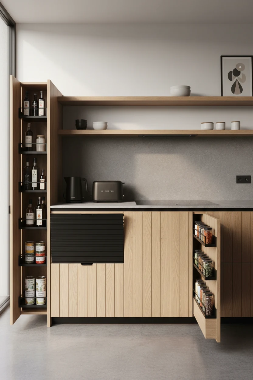 Photorealistic straight-on medium shot, Japandi linear kitchen: natural oak slatted cabinet fronts with integrated handl