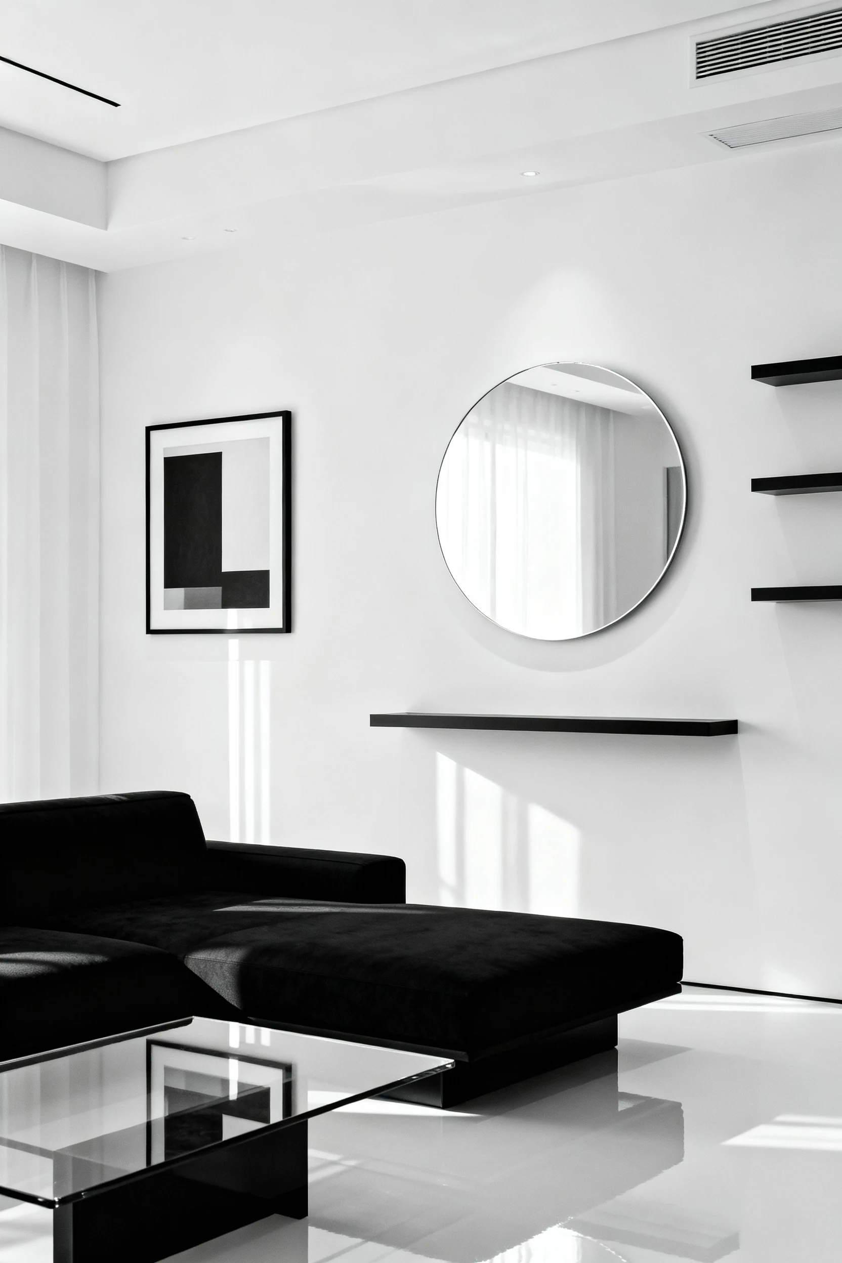Straight-on medium shot of a sleek monochrome living space with glossy white walls, a black low-profile sofa, black-fram