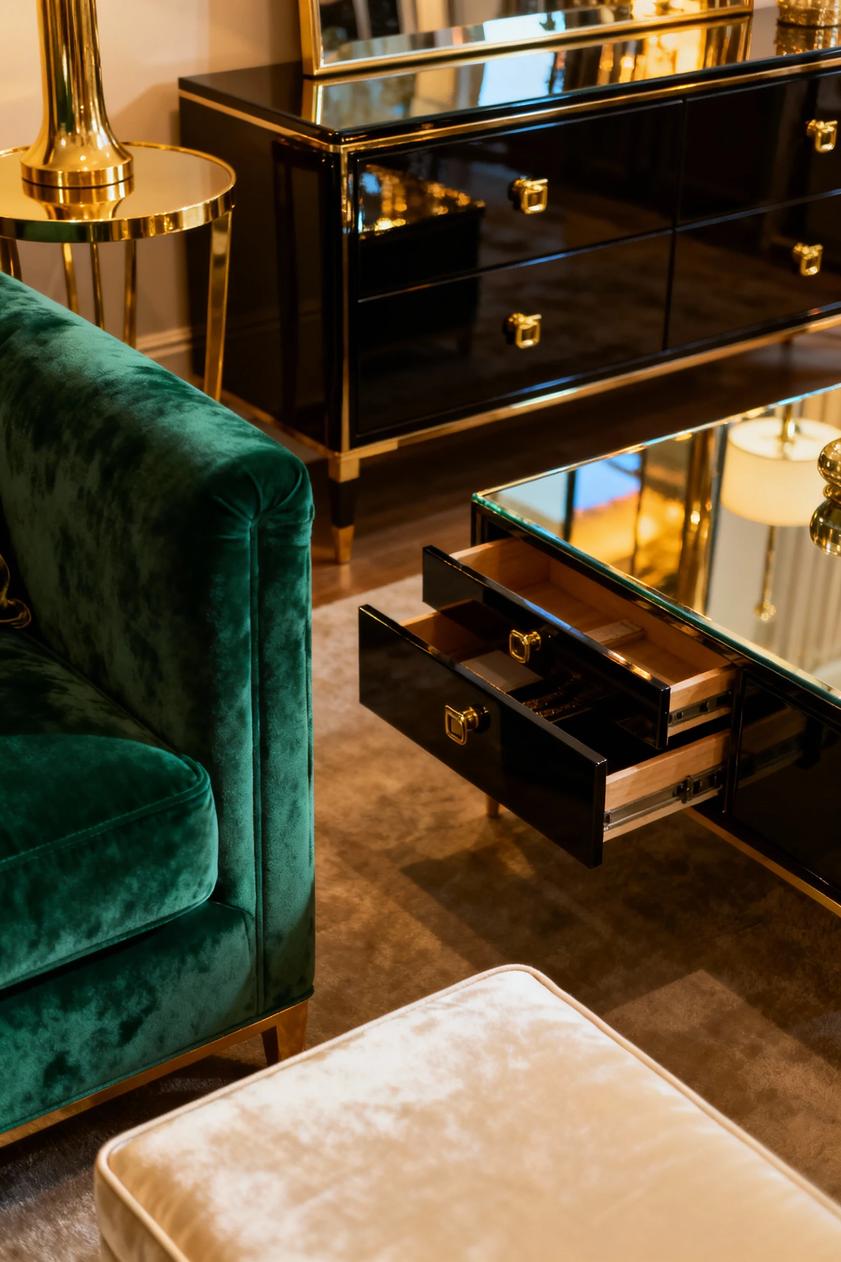Closeup detail shot of a glamorous living room vignette: emerald velvet sofa corner with gold metallic accent side table