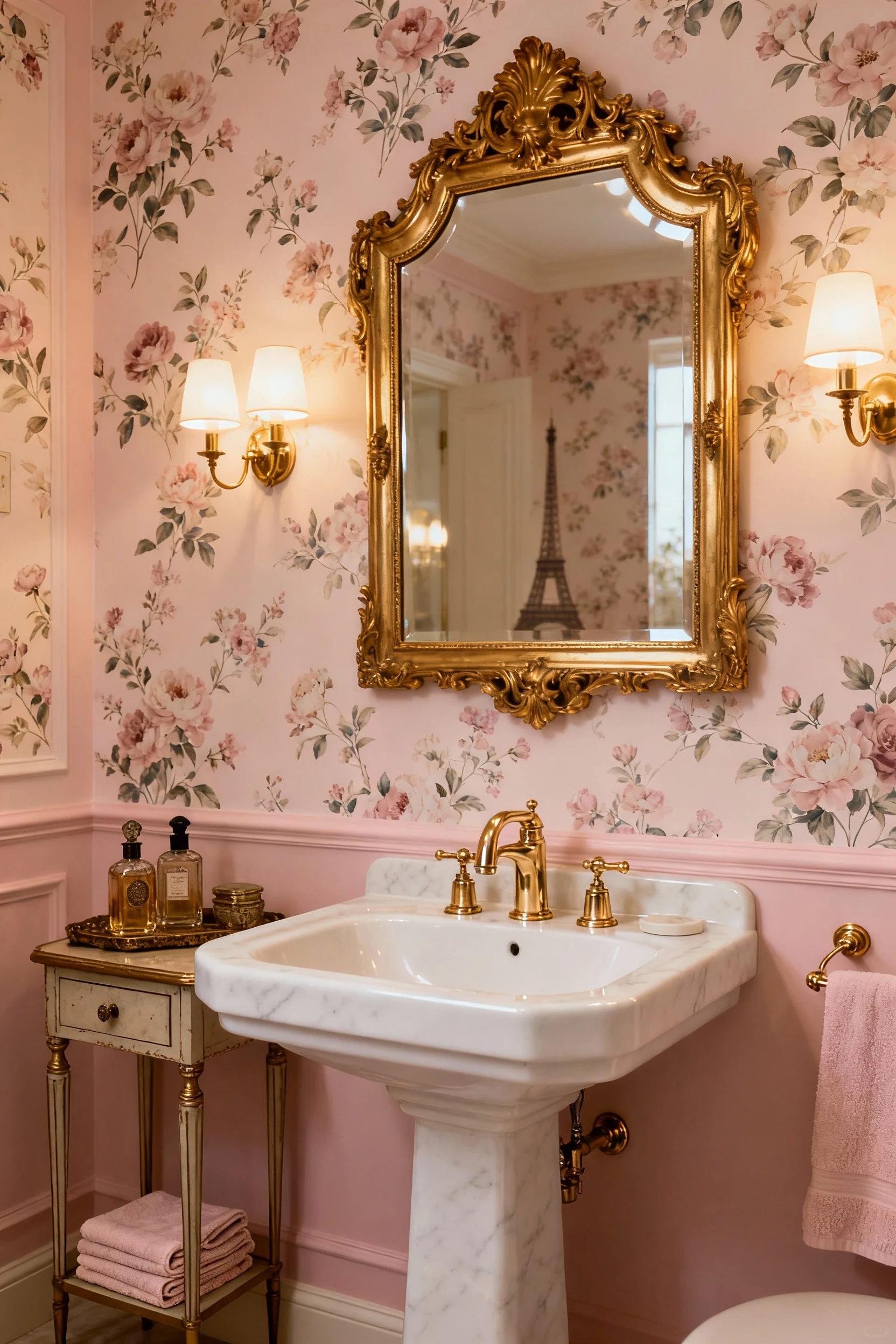 Medium shot of a glam Parisian-inspired bathroom with cream and blush pink tones, a gilt-framed mirror above a white ped