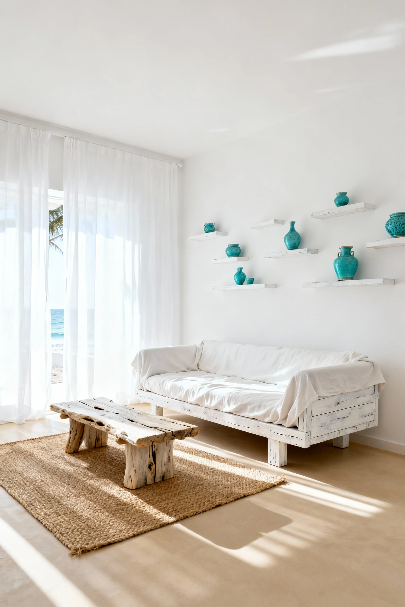 Wide-angle ocean-inspired minimalist living room with crisp white walls, sandy-beige floors, bleached wood slipcovered s