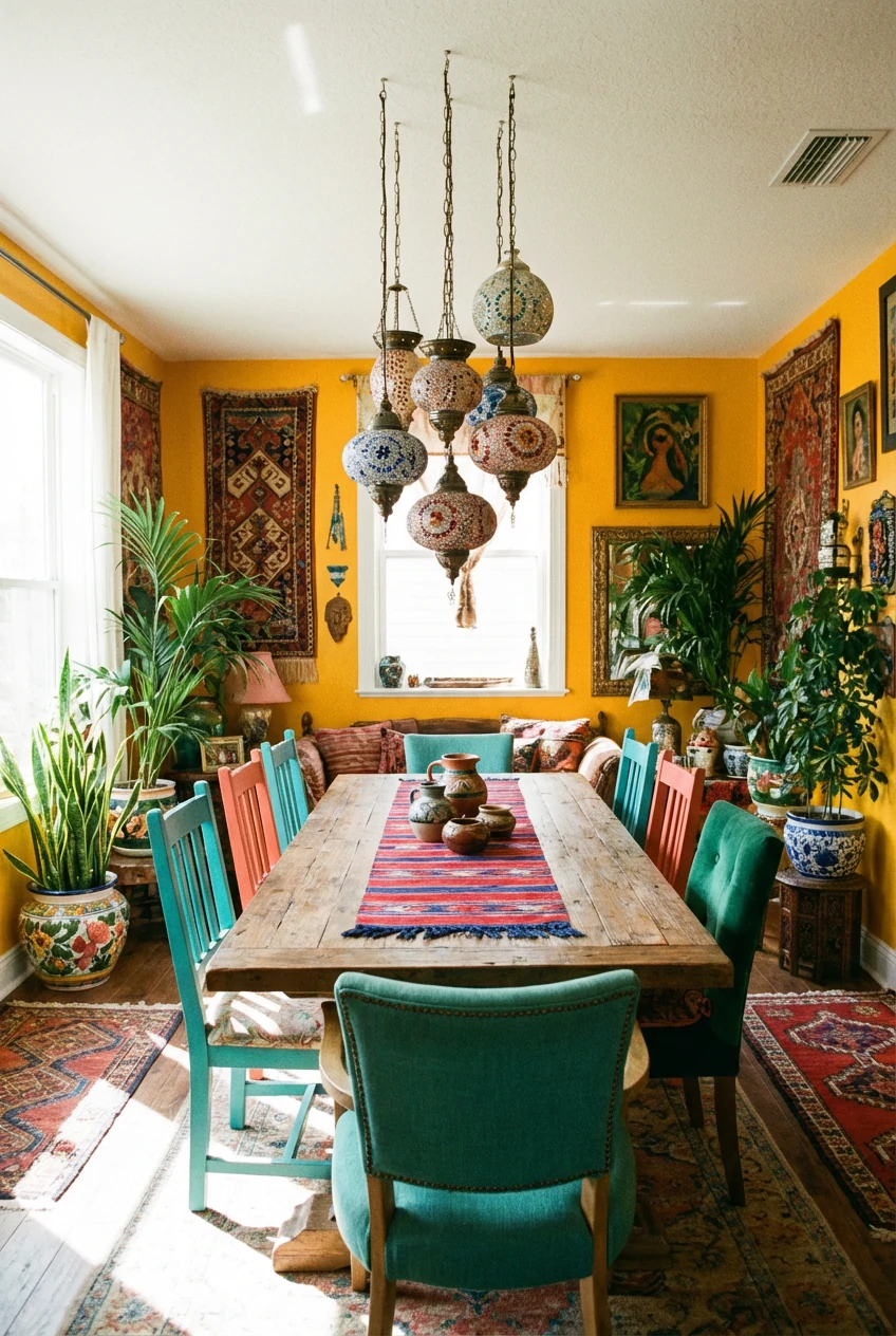 Wide-angle dining room scene bursting with bohemian global style, featuring marigold walls, a rustic wooden dining table