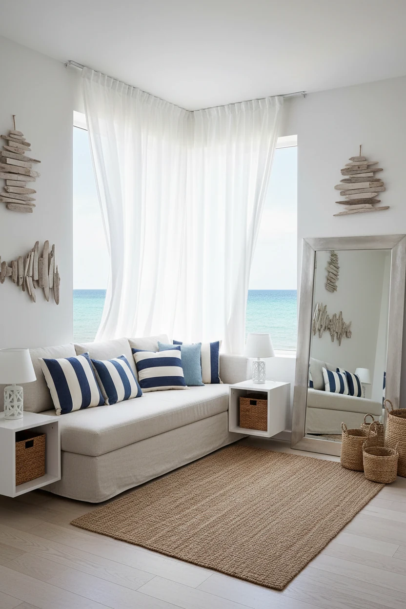 Photorealistic wide corner angle of a breezy coastal nook: low airy SÖDERHAMN sofa in a light cover layered with striped
