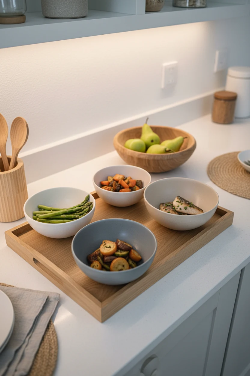 Photorealistic overhead detail vignette capturing the minimalist kitchen takeaway: a pale oak tray corralling matte ston