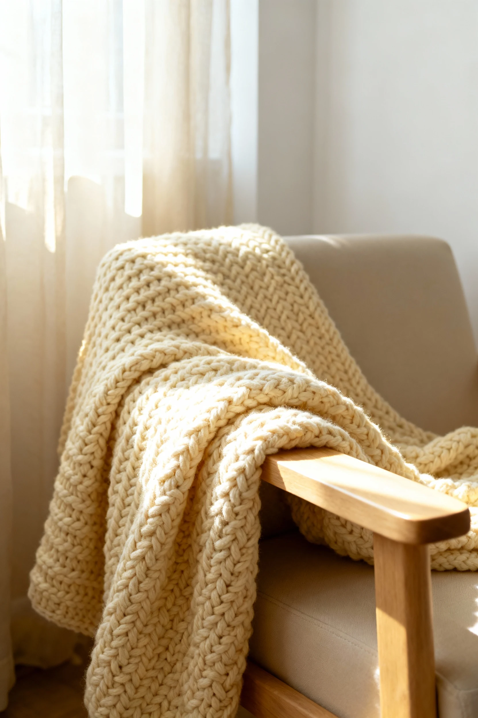 Detail shot of a chunky knit throw in cream color draped over a pale oak armchair, with sunlight streaming through sheer