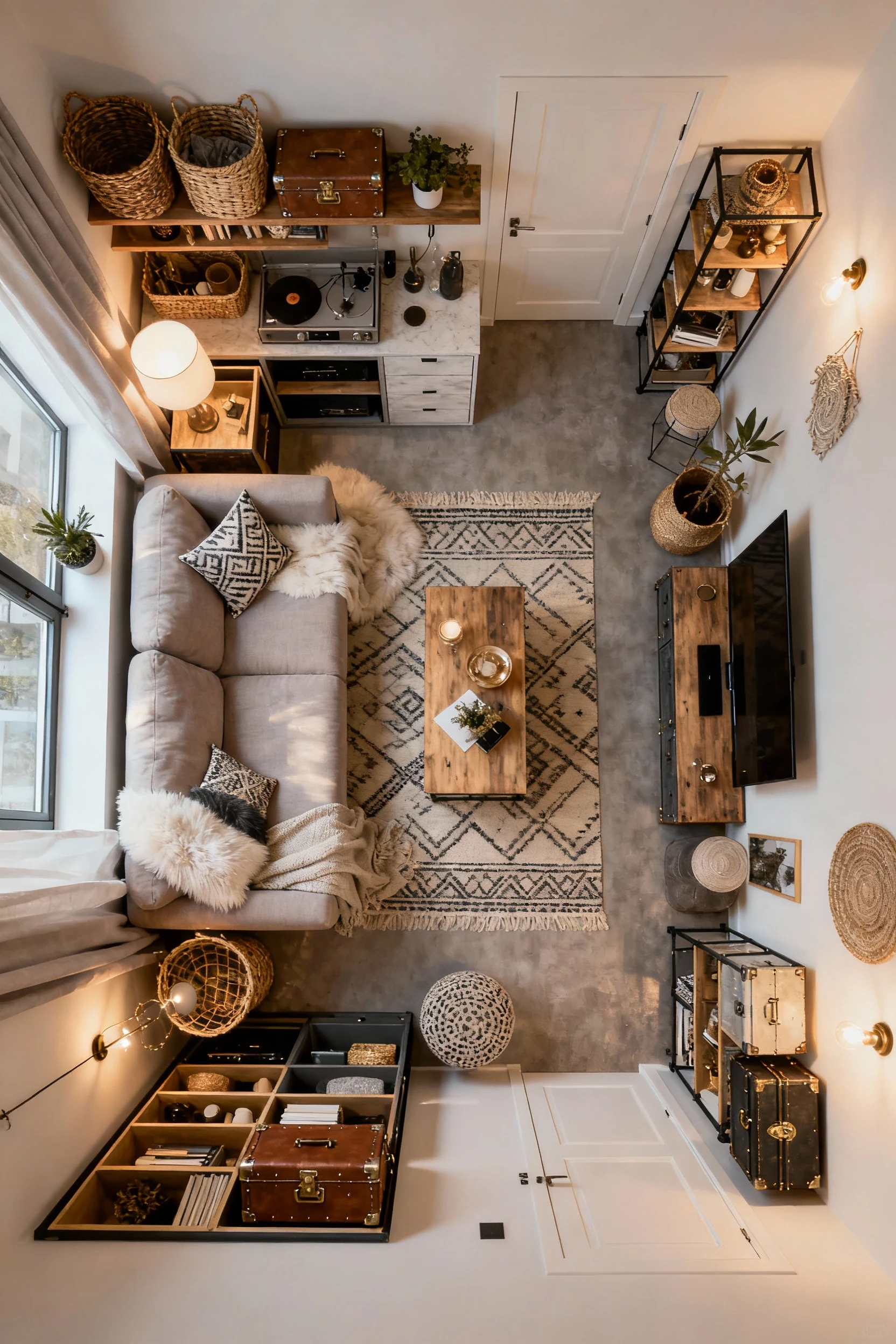 Overhead perspective of a compact living room layout showcasing varied clever storage solutions integrated stylishly: co