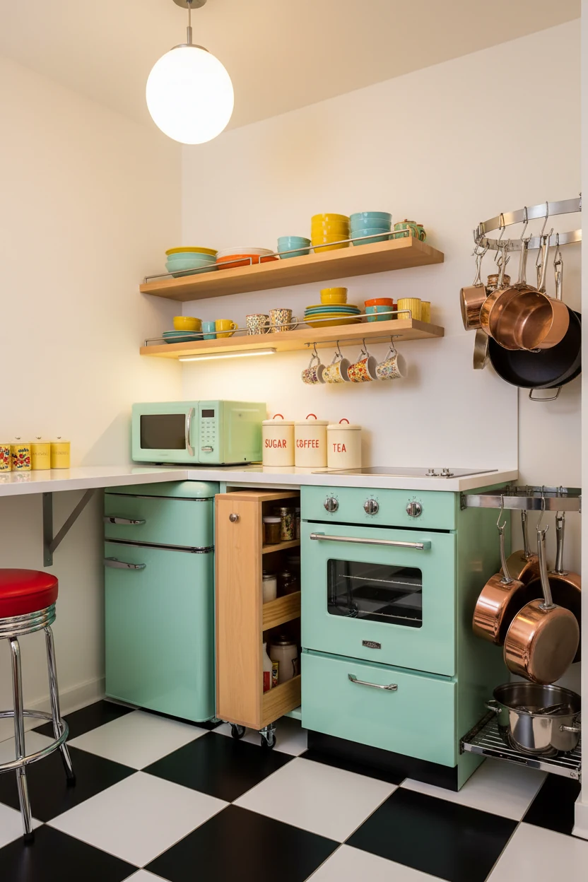 Photorealistic medium corner angle, retro café-inspired tiny kitchen: mint green appliances, checkerboard floor, chrome 