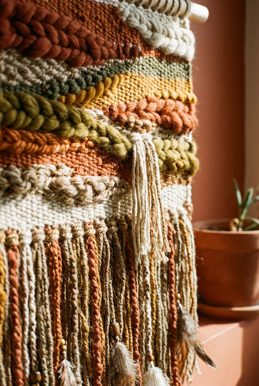 Closeup detail of a woven wall hanging with intricate fringes and warm earthy tones, sunlight highlighting the texture, 