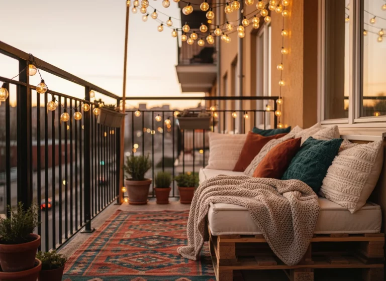 Cozy Apartment Patio Ideas with String Lights, Rugs & Pillows You’ll Love