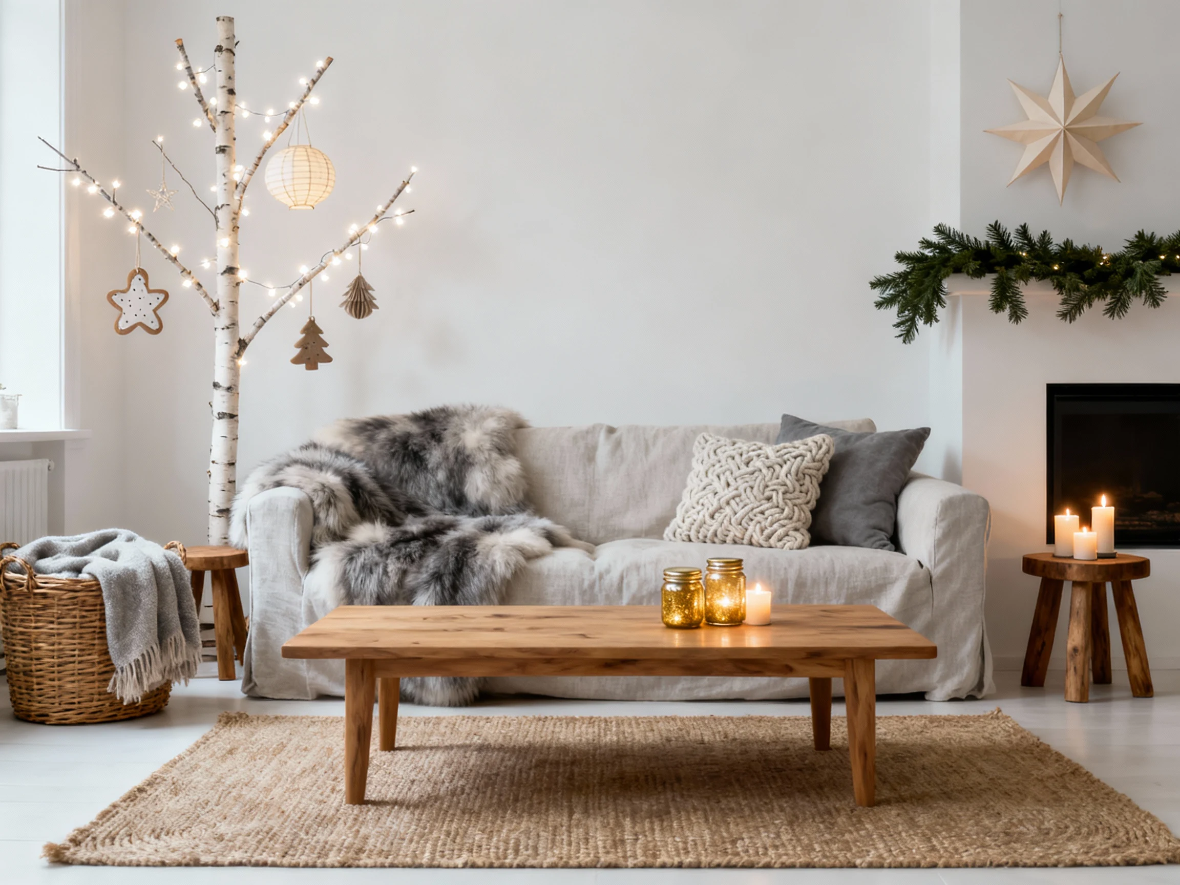 Photorealistic straight-on wide room shot of a Scandi snow‑lodge living room in creamy whites, soft grays, and natural o