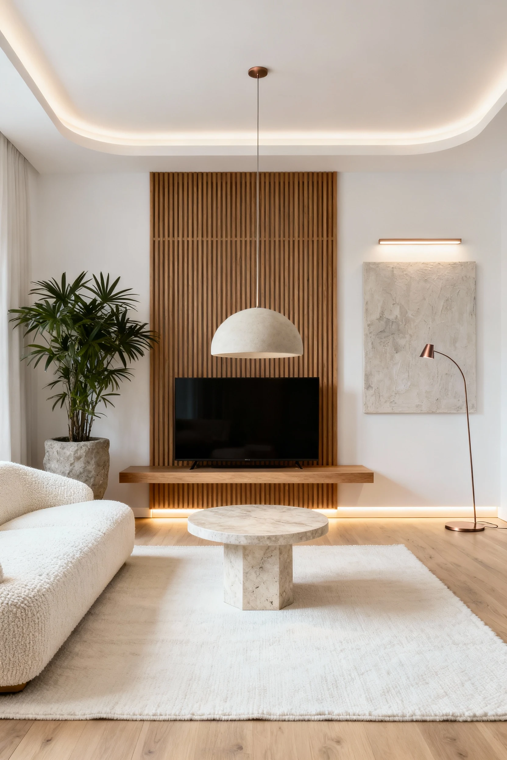 Photorealistic wide, straight-on living room shot: chalky white walls, pale oak floors, ivory bouclé sofa, slatted oak m