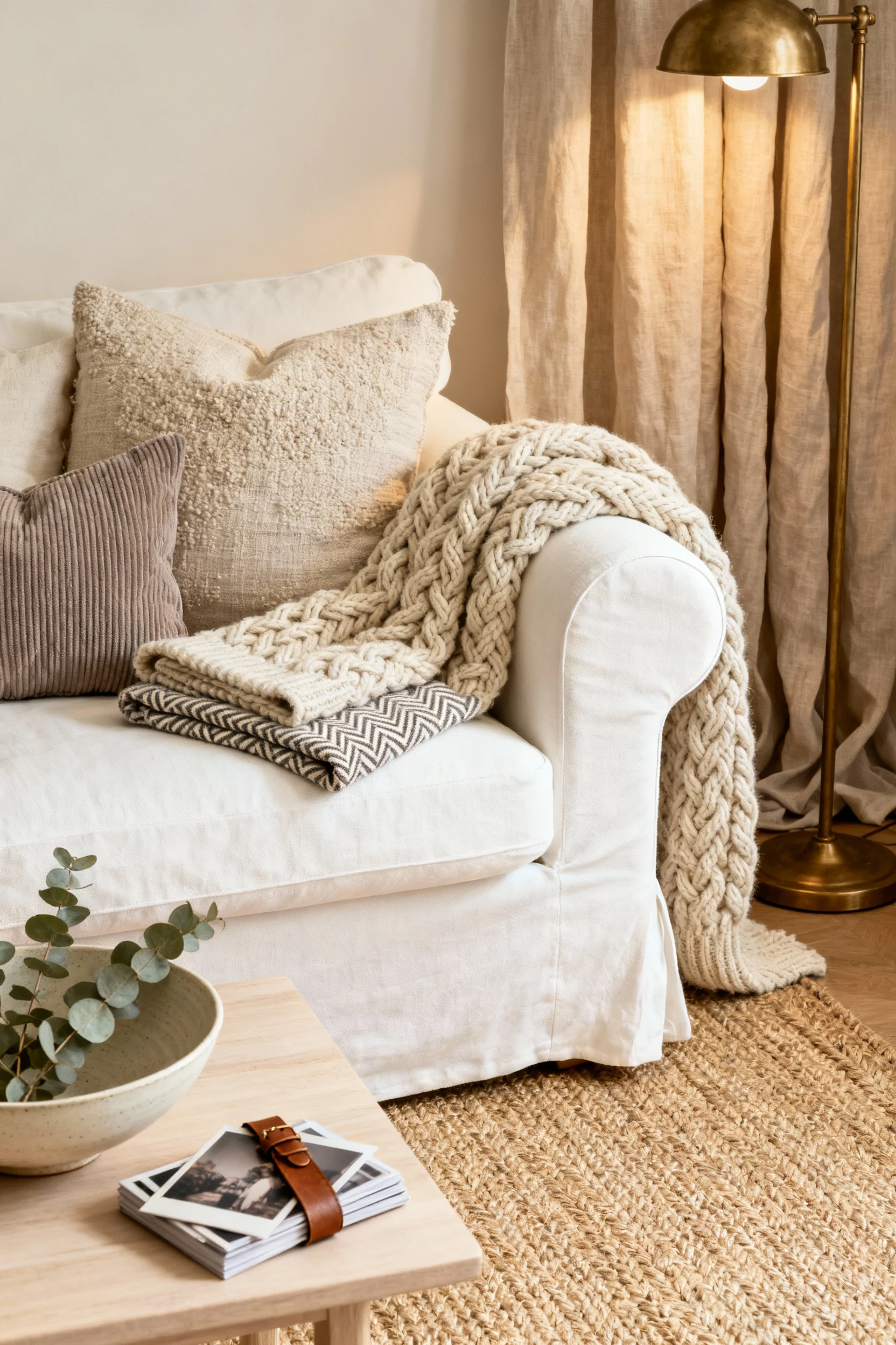 Photorealistic tight closeup at the rounded arm of an ivory slipcovered sofa in a warm neutral living room: a heavyweigh