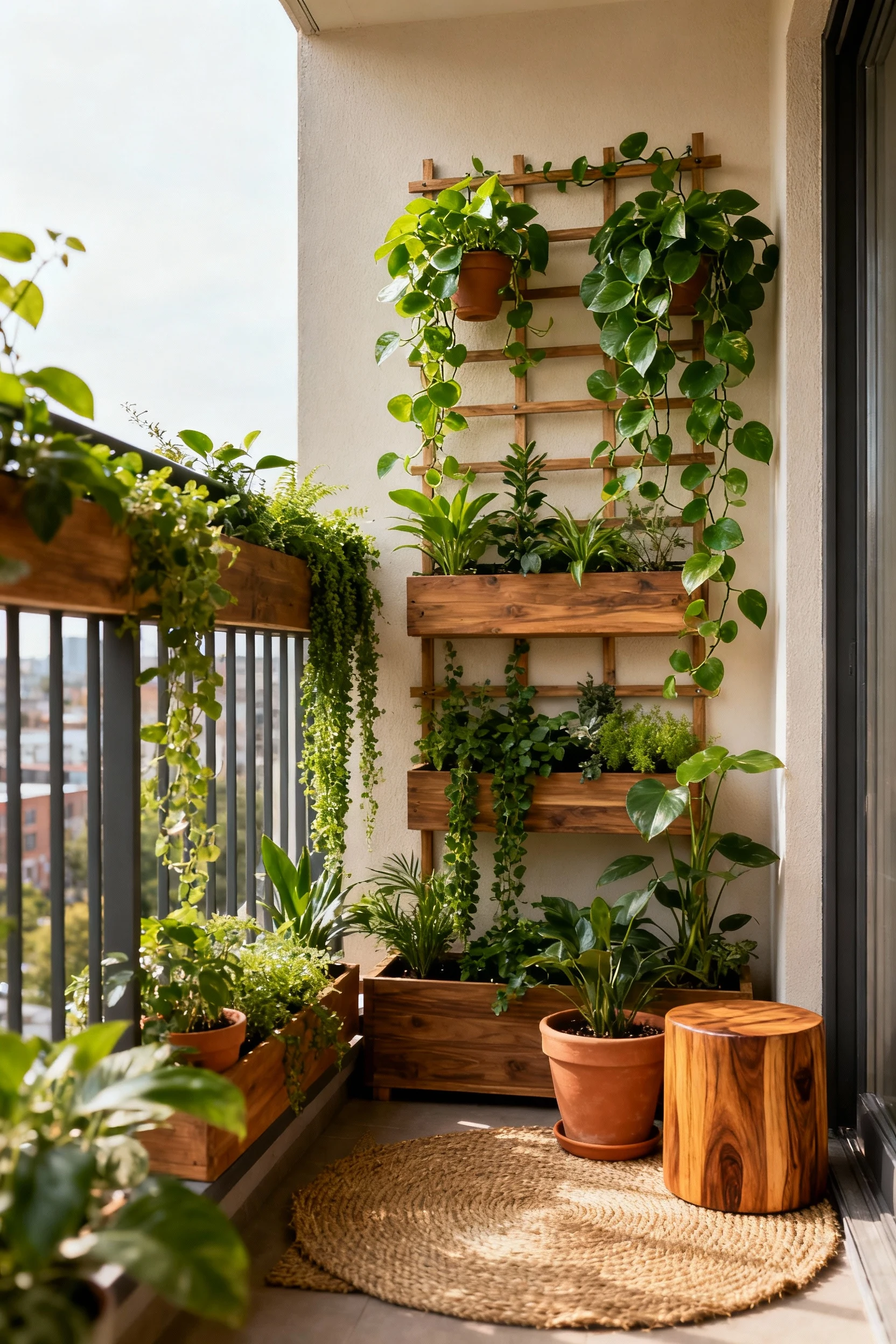 Photorealistic medium corner-angle shot of a small apartment balcony styled as an urban jungle: slim trellis with cascad