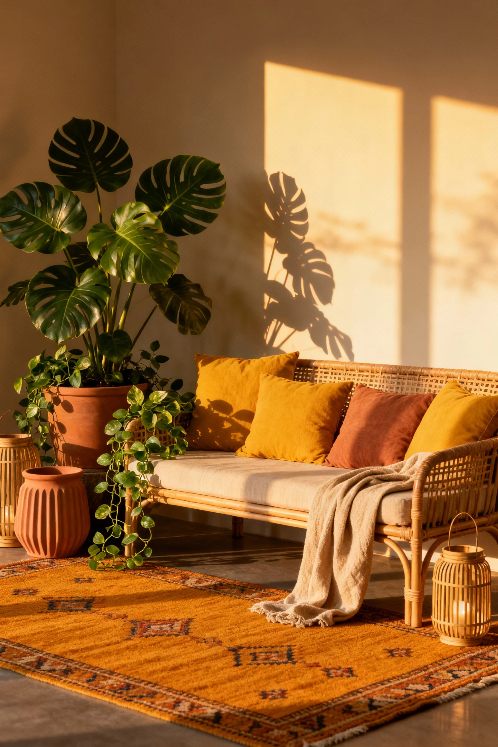 1. Medium corner-angle balcony shot, photorealistic: a low-profile rattan loveseat with mustard and clay-toned pillows o