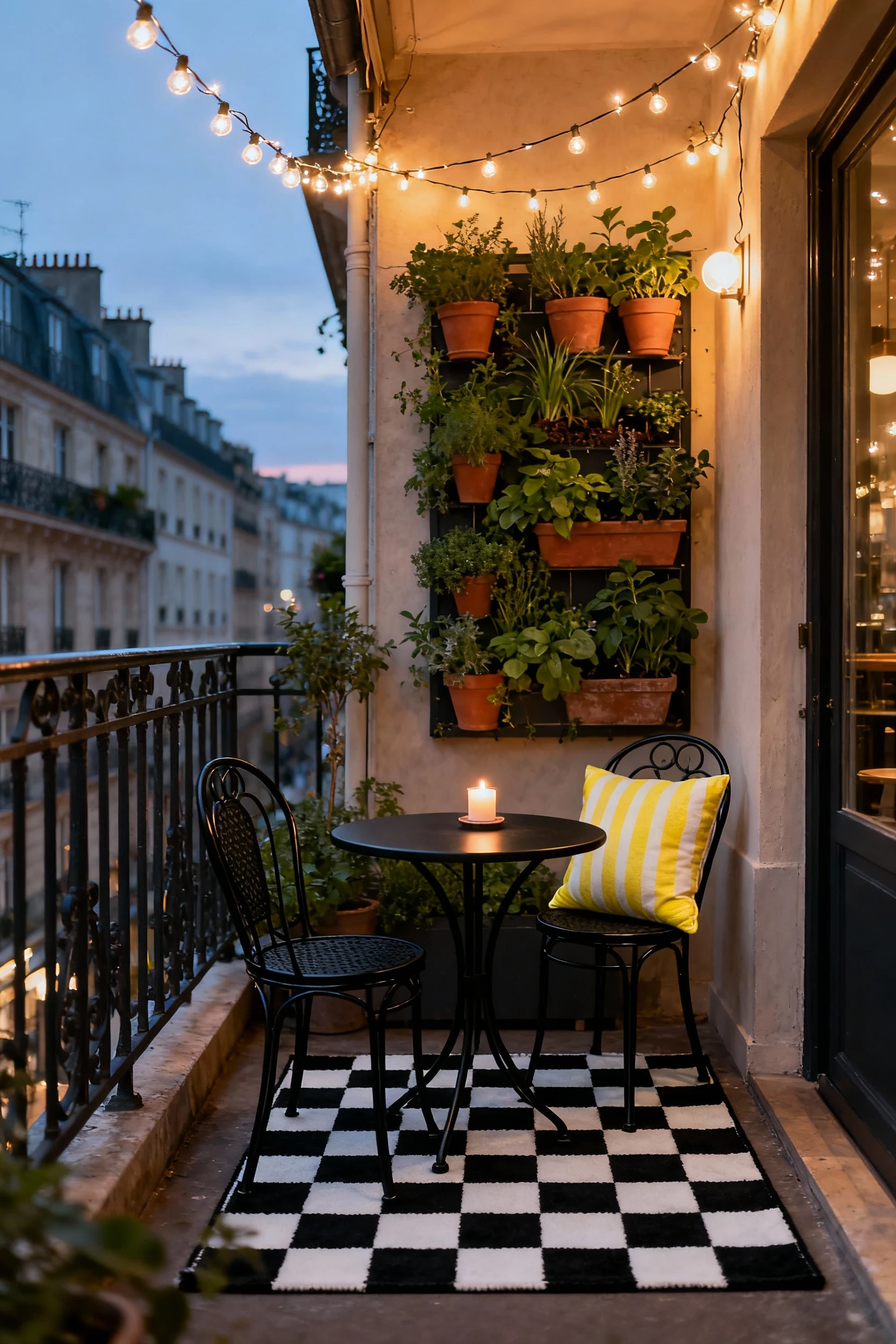 1. Photorealistic medium corner shot of a tiny balcony café bistro nook: black metal bistro set with a petite round tabl