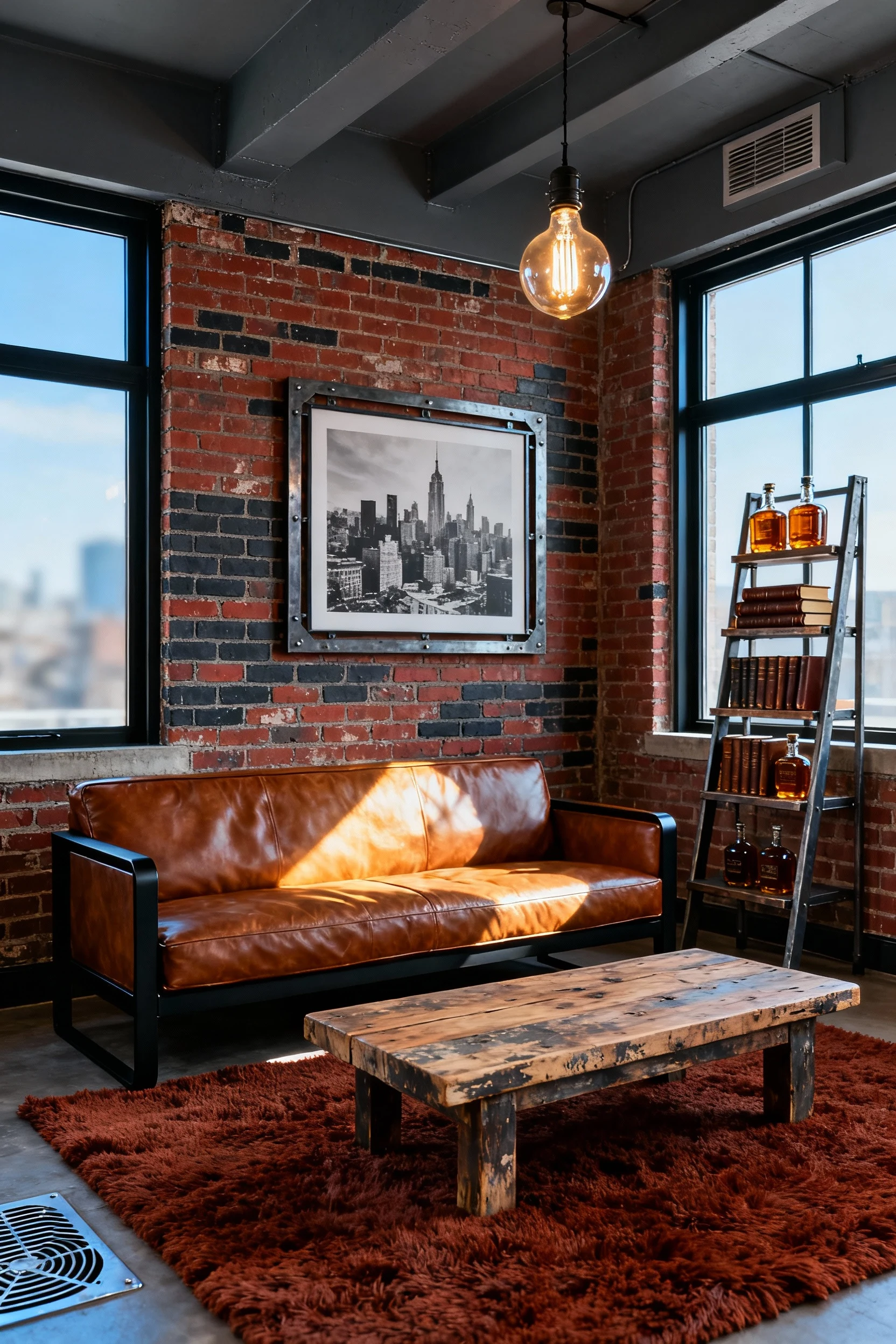 1. Photorealistic wide straight-on room shot of an industrial loft living room with exposed brick walls, a cognac leathe