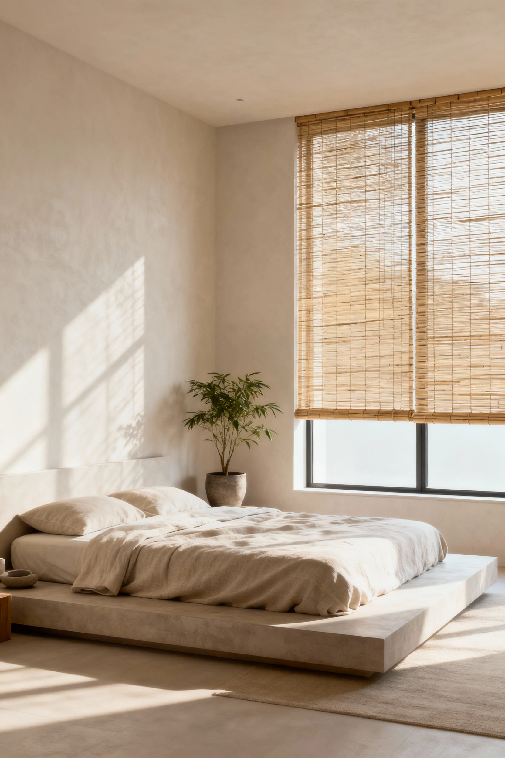 Photorealistic wide straight-on shot of a minimalist studio bedroom in soft natural light, pale neutrals and clean lines