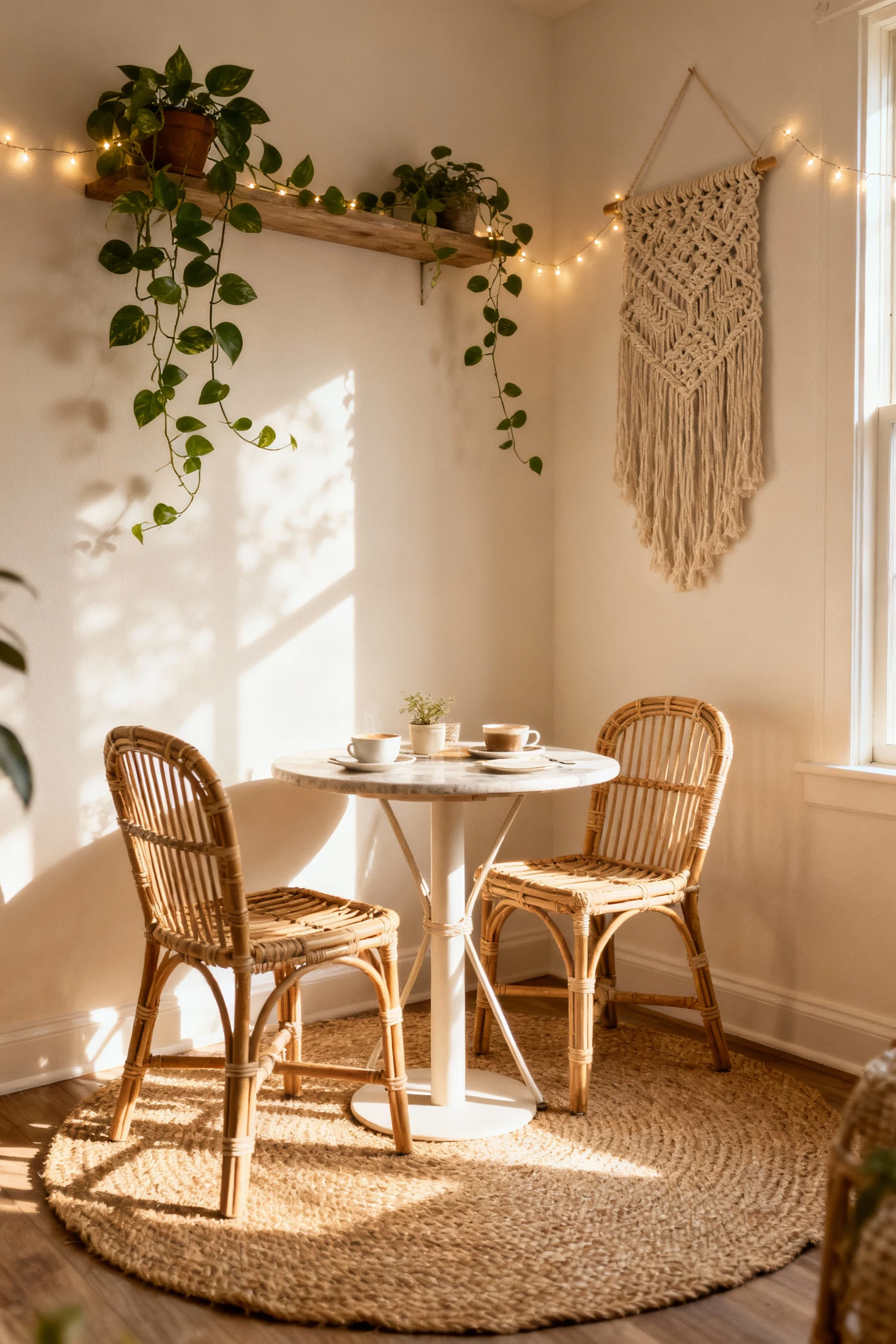 1. Wide corner shot of a sunlit boho breakfast nook in soft sandy neutrals: rattan bistro set on a woven jute rug, macra