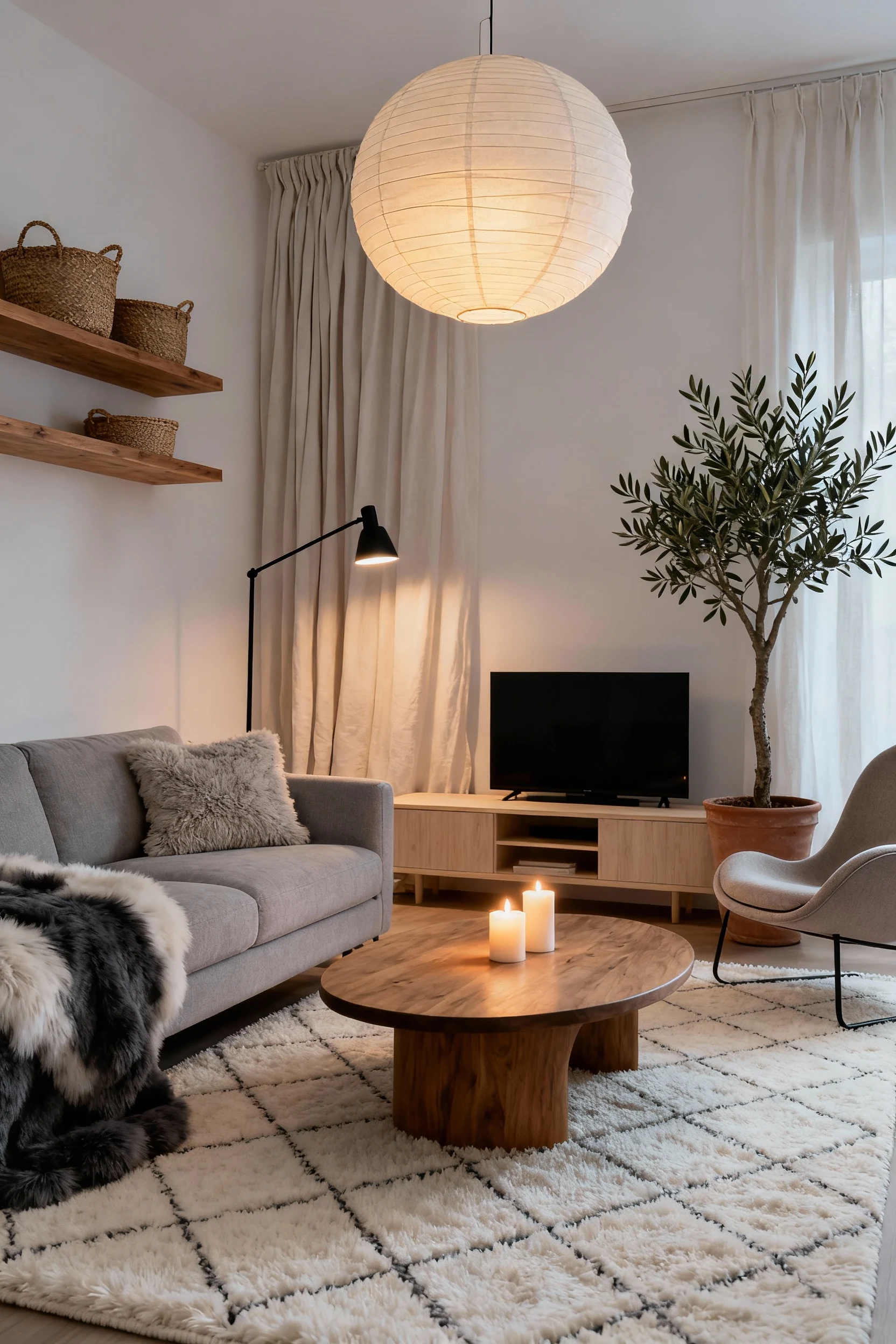 1. Wide, straight-on room shot of a Hygge-Scandi living room in warm white, oatmeal, and greige: a low-profile light gra