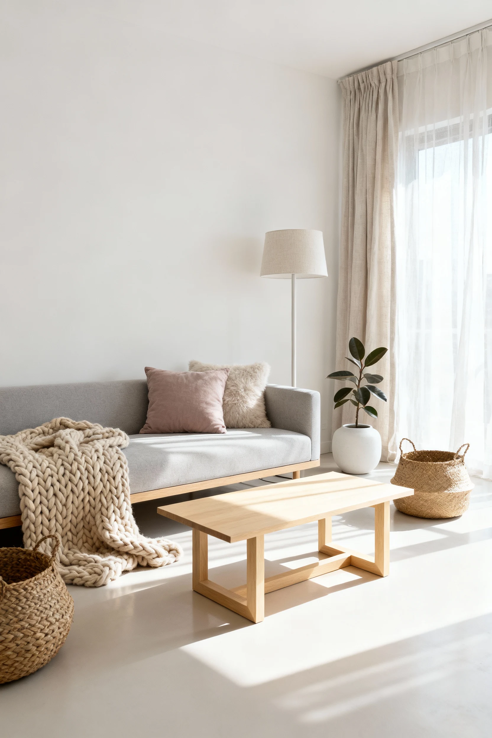 Wide-angle photorealistic view of a sleek Scandinavian minimalist apartment living room, featuring whitewashed walls, a 