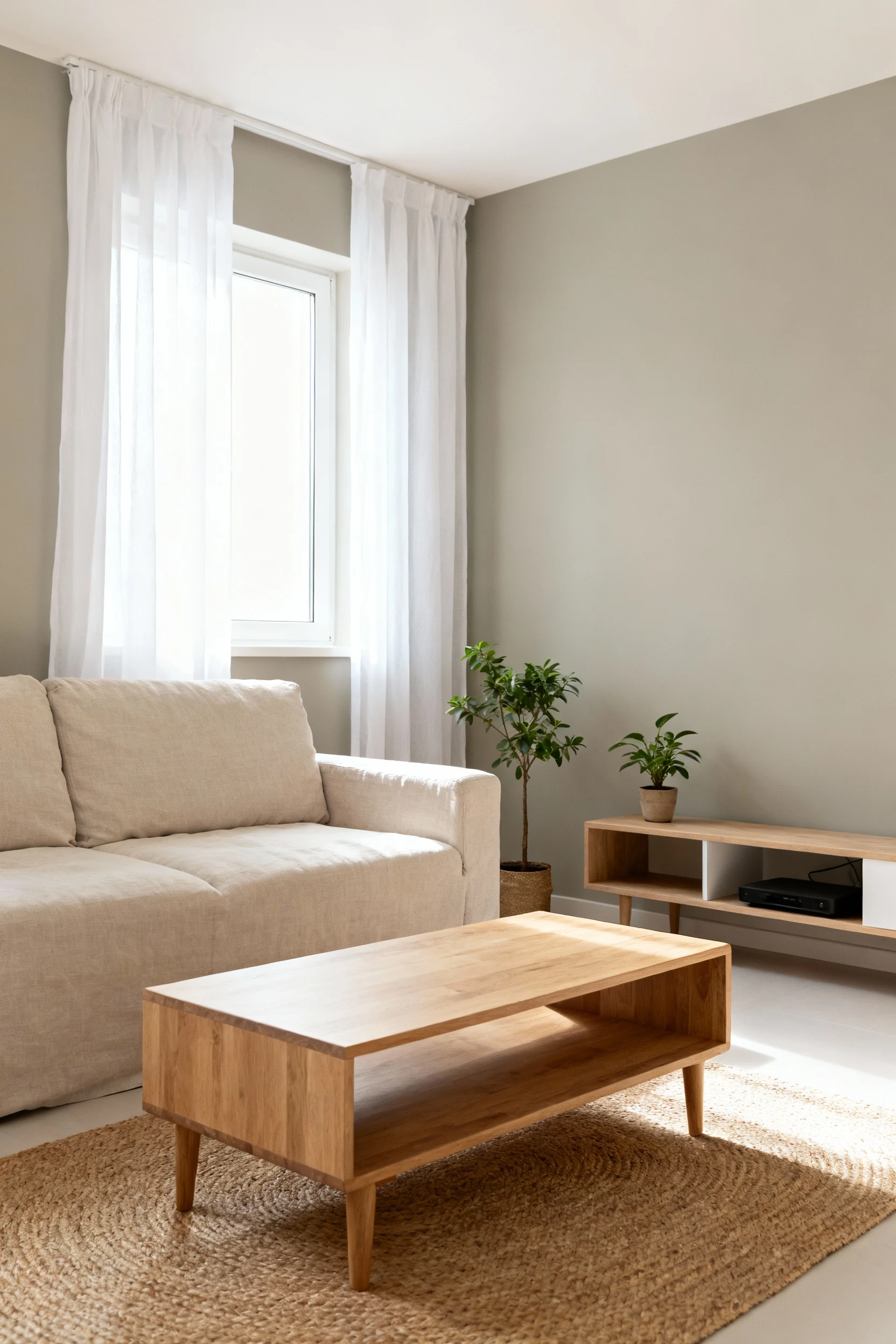 Wide straight-on view of a small budget apartment living room freshly decluttered: soft greige walls, light beige linen