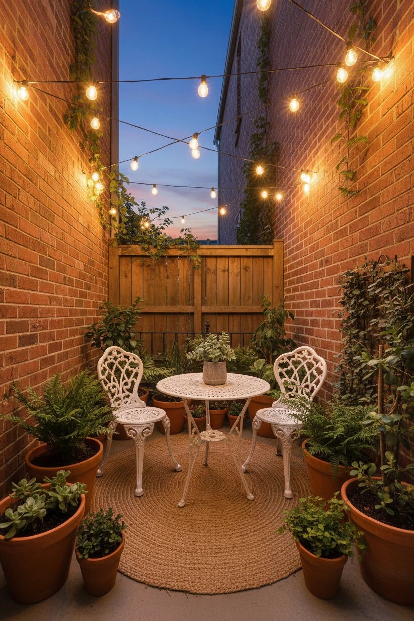 Photorealistic wide corner-angle shot of a tiny apartment patio: a white bistro set centered on a natural jute rug, clus