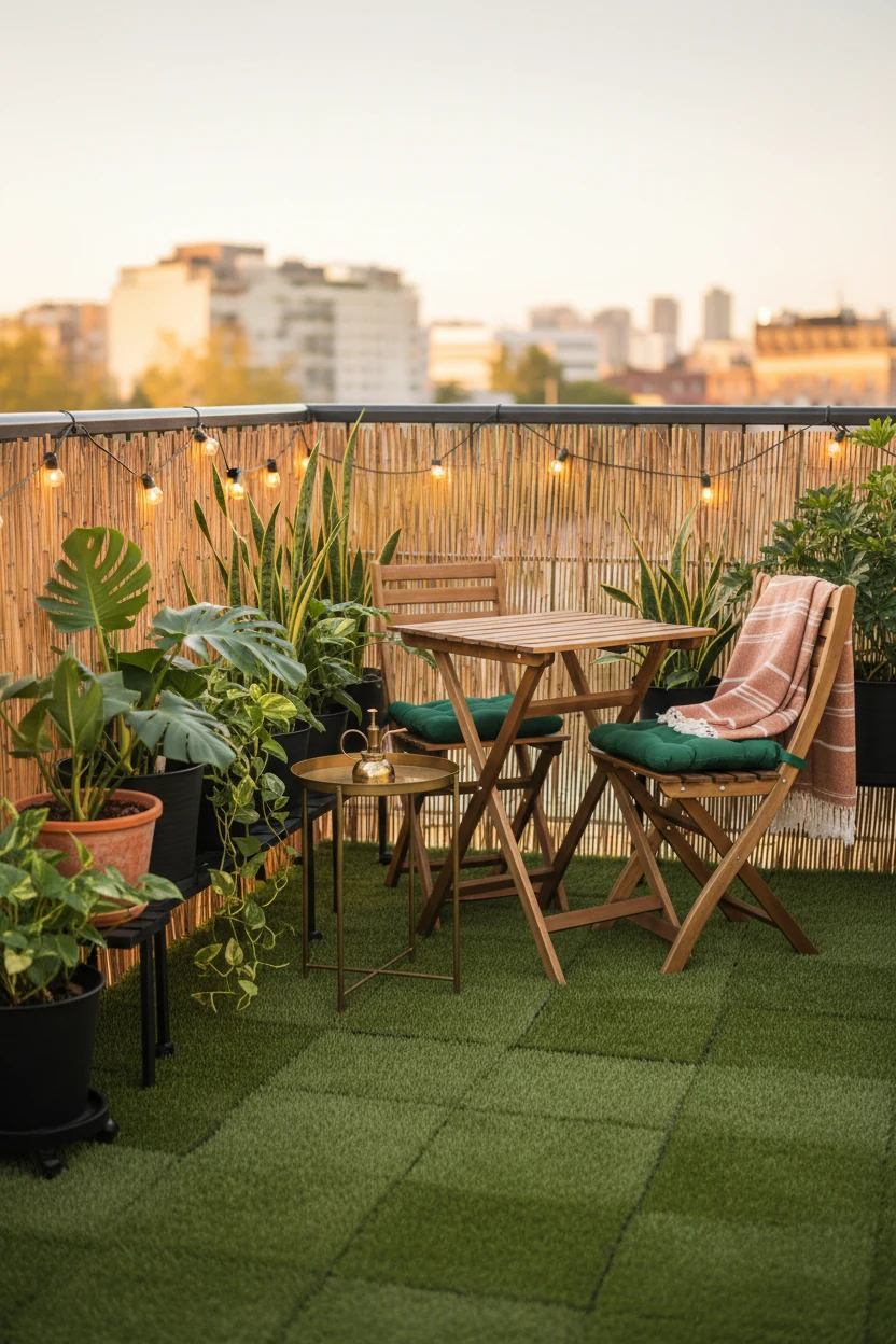 1. Wide corner-angle, photorealistic urban jungle balcony: interlocking faux‑grass turf tiles, acacia folding bistro set