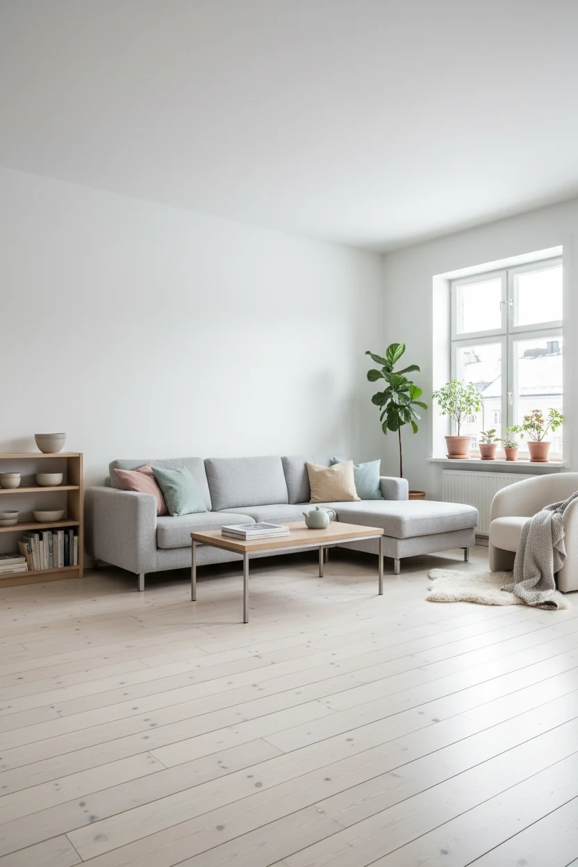 Wide-angle shot of a Scandinavian-inspired apartment living room with light wood floors, crisp white walls, pastel accen