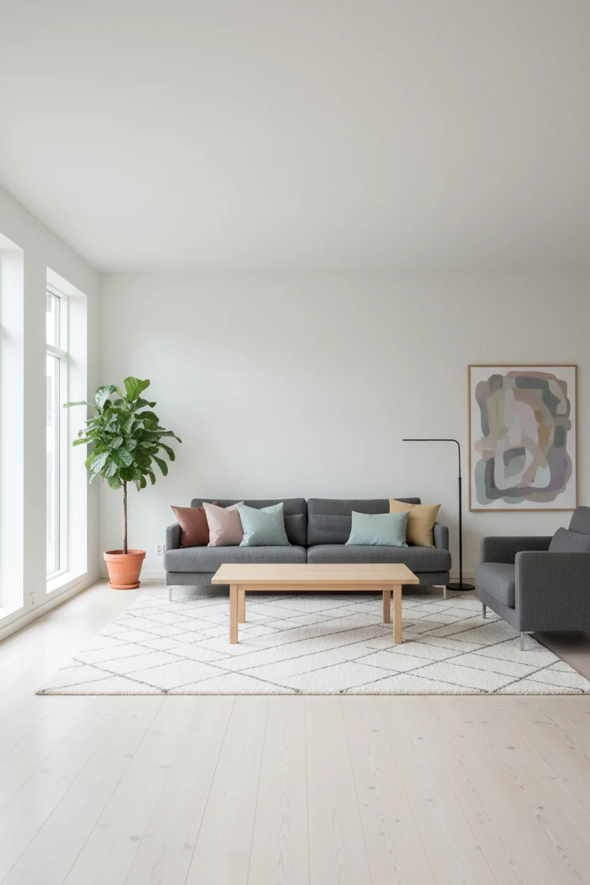 Wide shot of a minimalist Scandinavian living room with pale wood floors, crisp white walls, and low-profile clean-lined