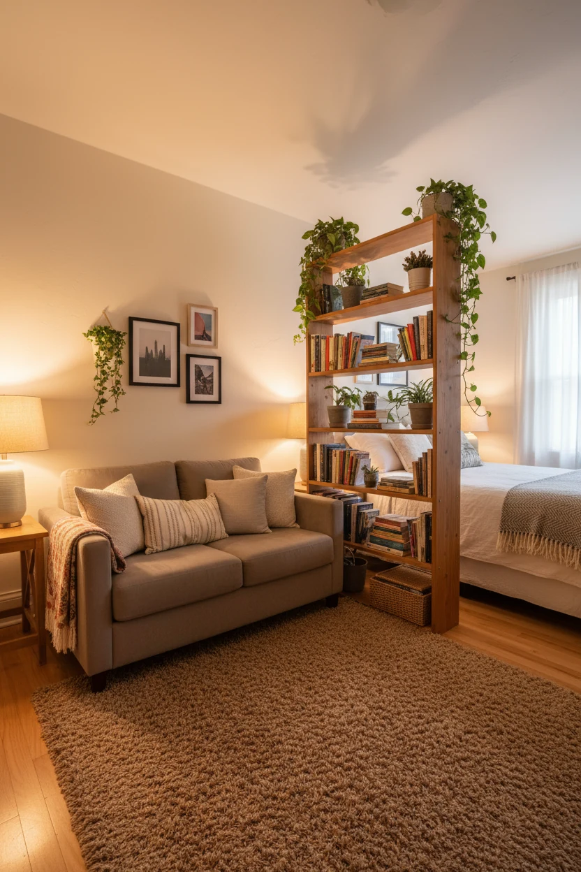 Wide-angle corner shot of a cozy studio nook with soft cream walls and a plush taupe loveseat nestled in the far corner 
