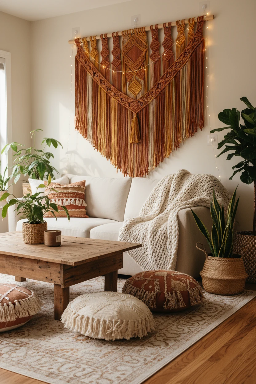 Wide-angle shot of a boho-inspired living corner with a large macramé tapestry in terracotta, mustard, and sandy beige h