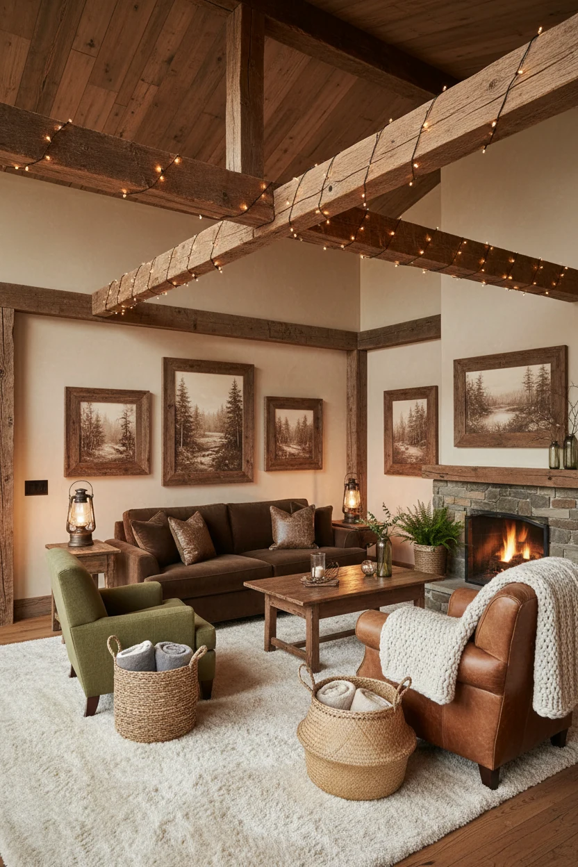 Wide-angle view of a rustic woodland-inspired living room with matte beige walls and textured wooden accents, deep earth
