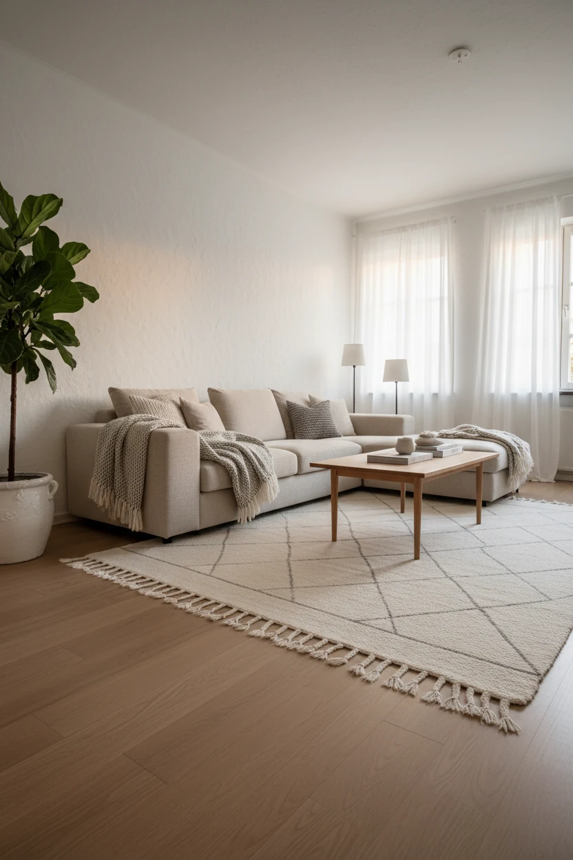 Wide-angle shot of a Scandinavian-style living room with pure white walls, soft grey textiles, and warm oak accents; low