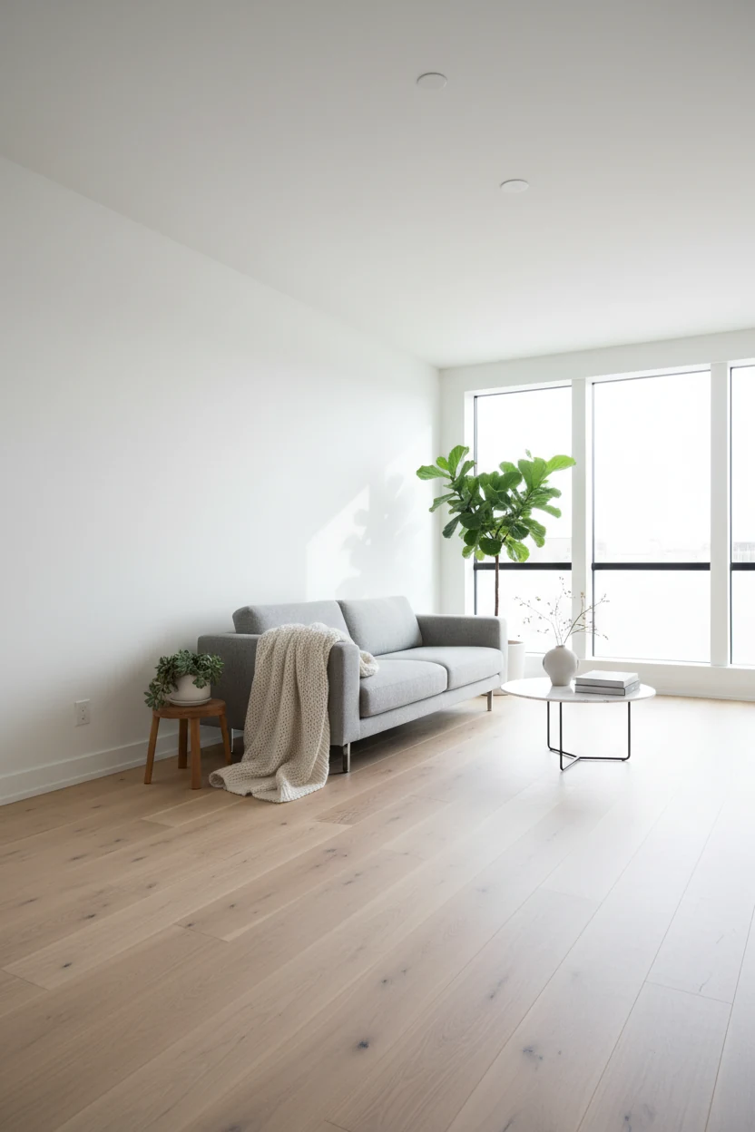 Wide-angle shot of a Scandinavian minimalist living room with crisp white walls, light natural wood flooring, a sleek gr