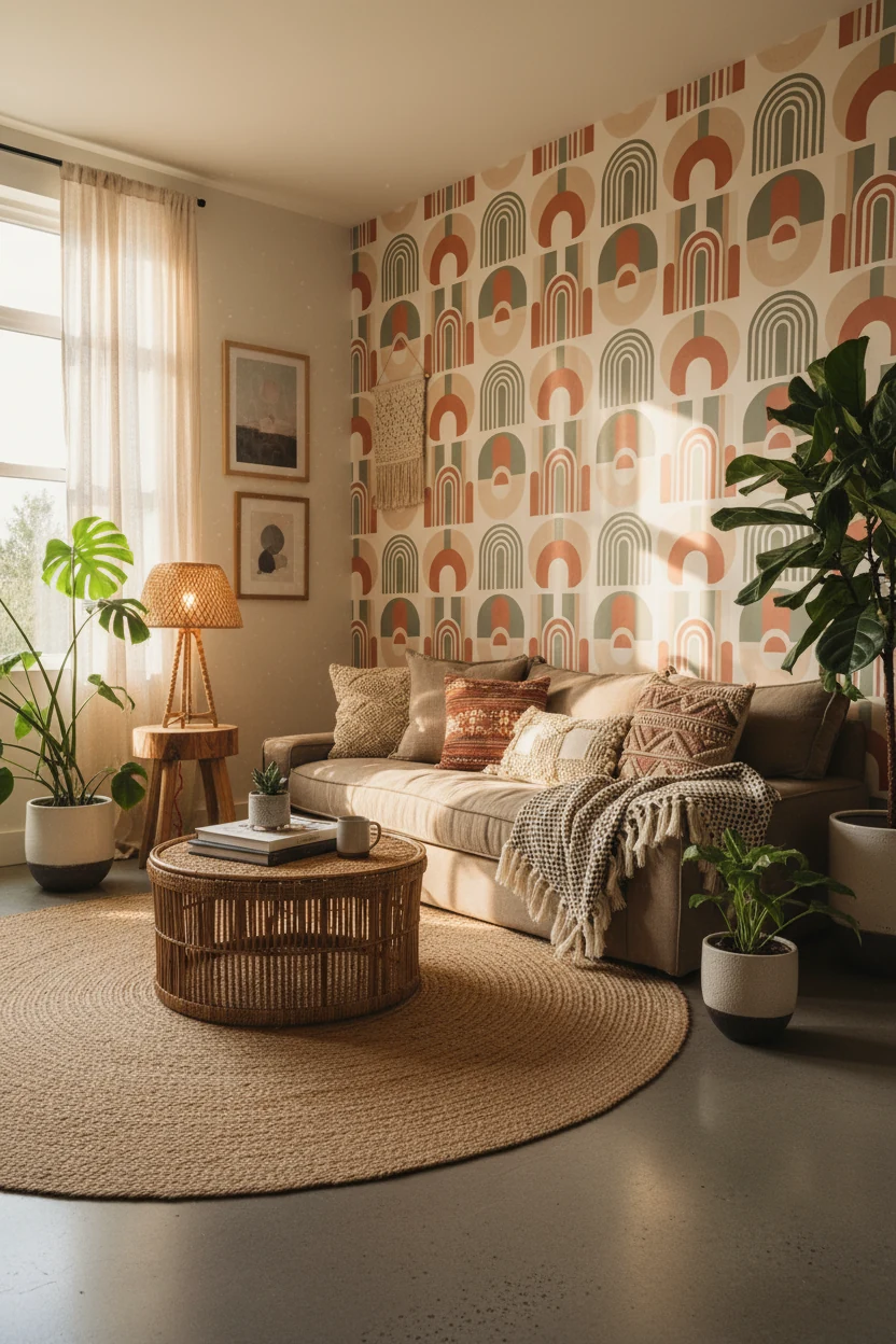 Wide-angle view of a cozy boho living room with peel-and-stick wallpaper in soft terracotta, cream, and sage green geome