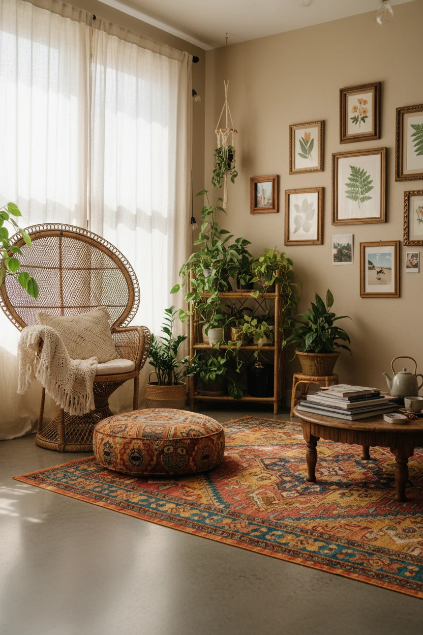 Wide-angle shot of a cozy bohemian living room with a vintage kilim rug in terracotta, turquoise, and mustard tones, rat