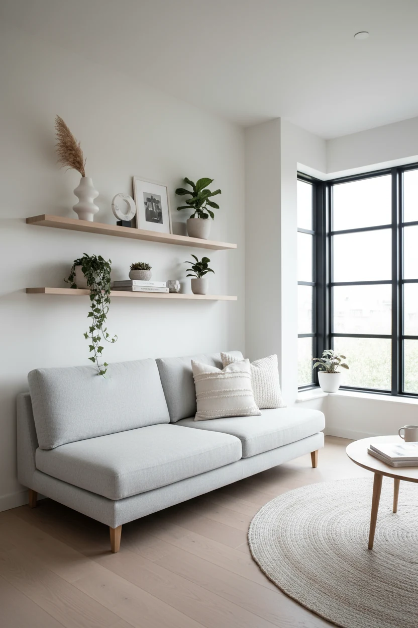 Wide-angle corner view of a Scandinavian minimalist living room with soft white walls, pale natural wood floors, a slim 